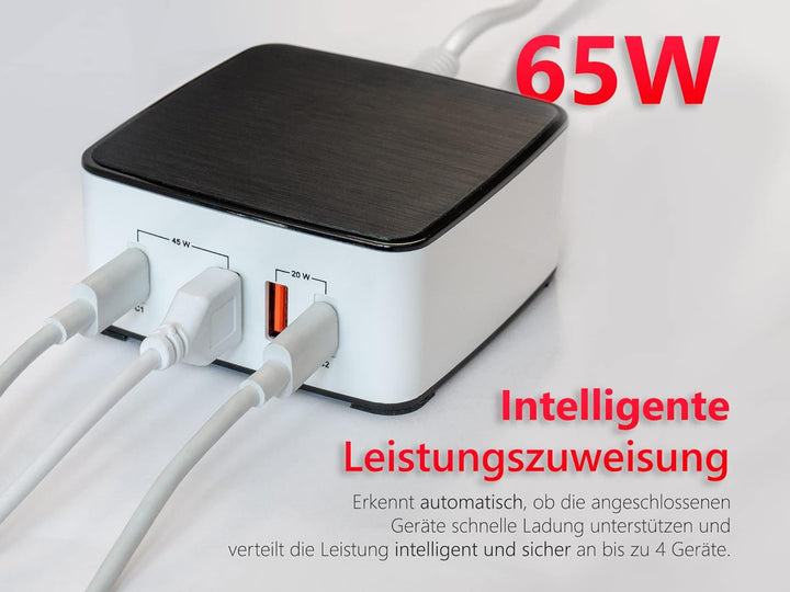 FeinTech NLG00165 USB C Ladegerät Mehrfach 4 Port 65W (45W + 20W) USB Netzteil mit 2X USB-C PD und 2