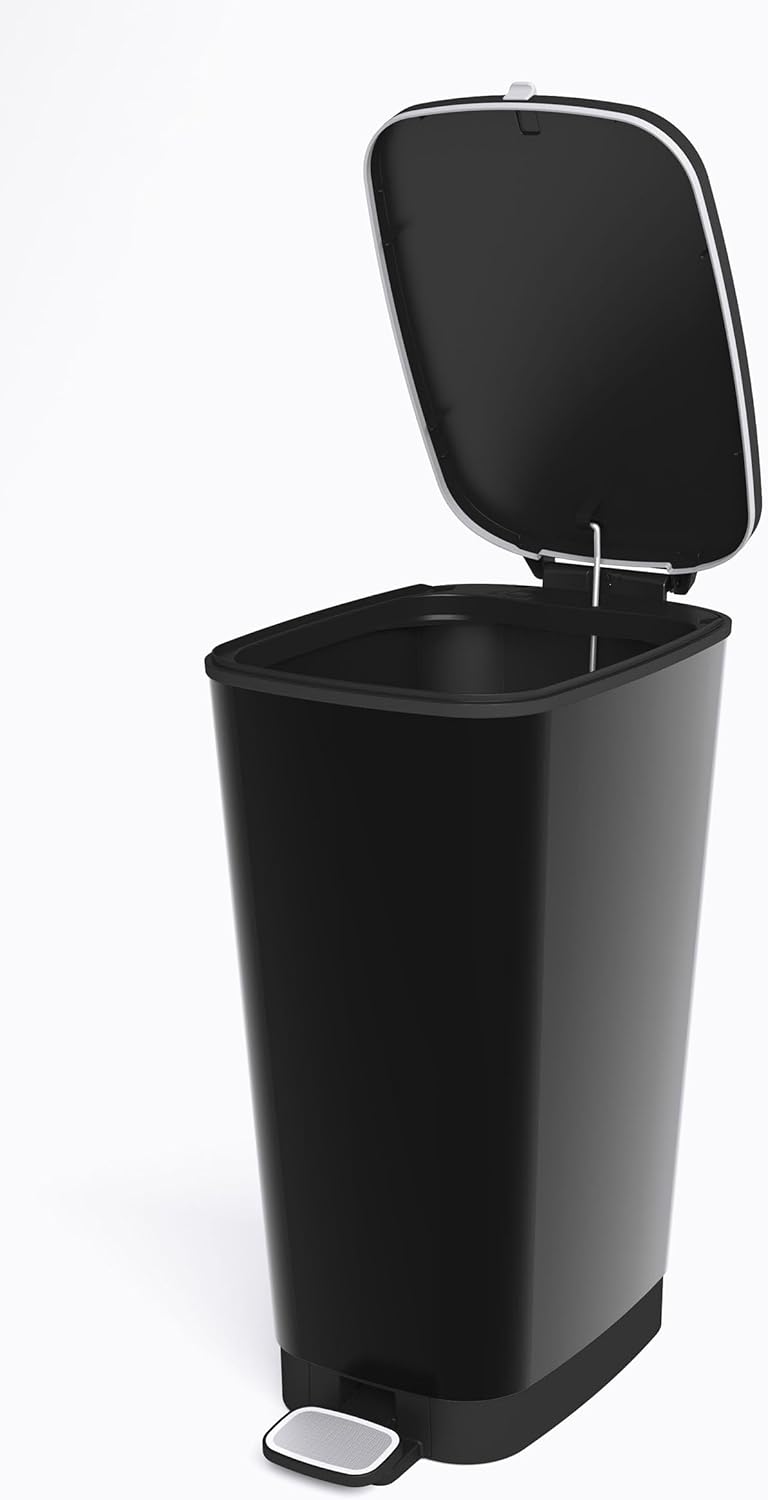 Curver KIS Chic Bin Style Treteimer 45l mit Deckel und Pedal, Müllbeutelaufhängung, schwarz metallic