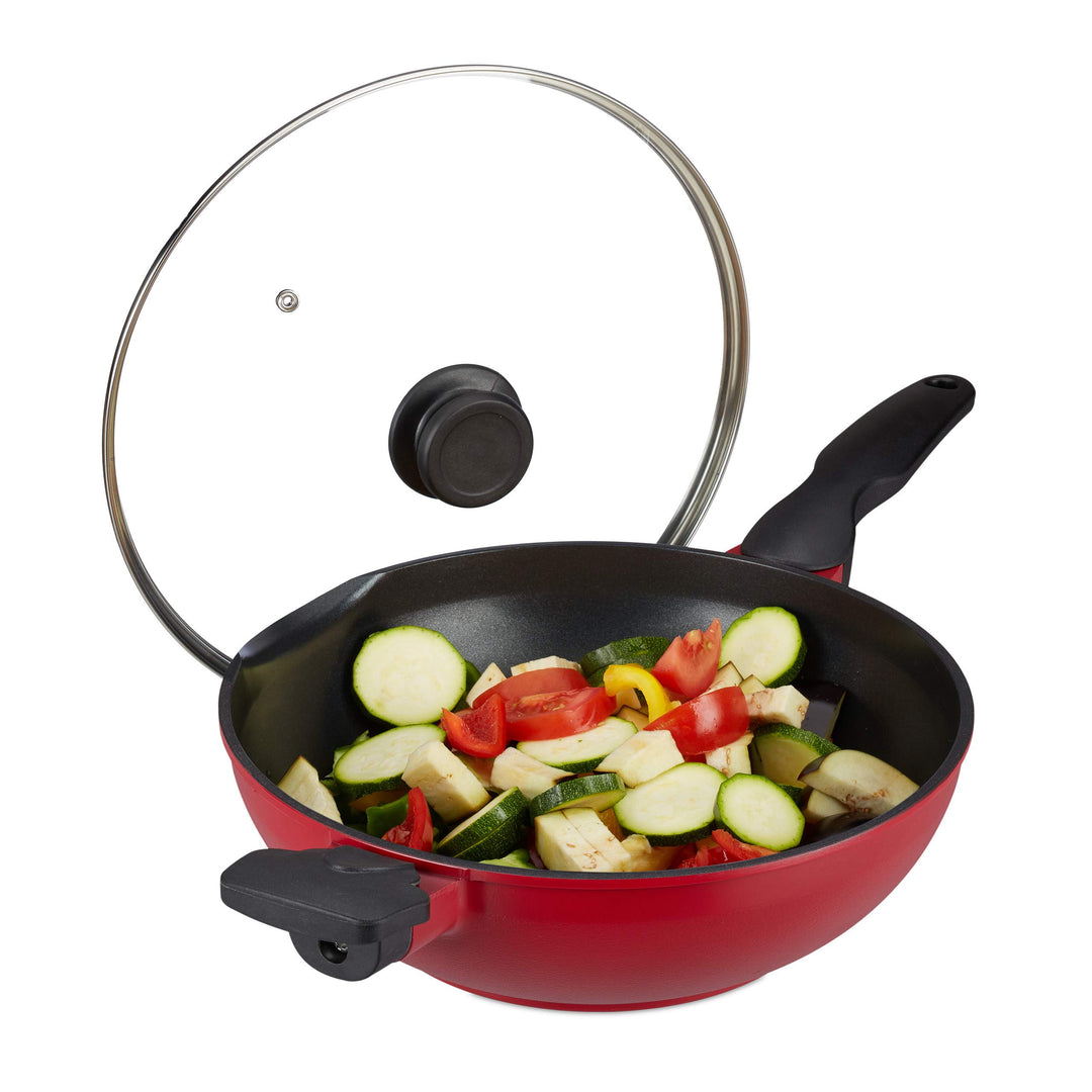 Relaxdays Wokpfanne mit Glasdeckel, 30 cm, Wok mit Antihaftbeschichtung, Gas- & Elektroherd, Griff,