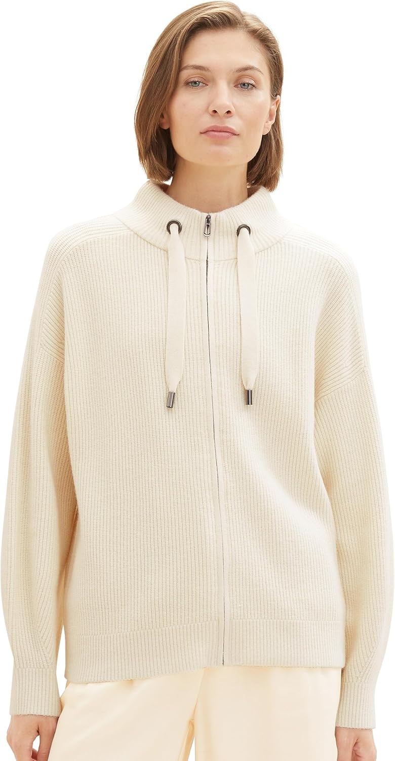 TOM TAILOR Damen Strickjacke mit Stehkragen XL 10354-soft Beige Solid, XL 10354-soft Beige Solid