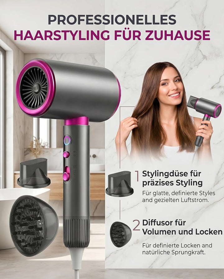 2200W Ionen-Haartrockner mit Diffusor Konzentrator Reiseföhn | 3 Temperaturen, 2 Geschwindigkeiten,