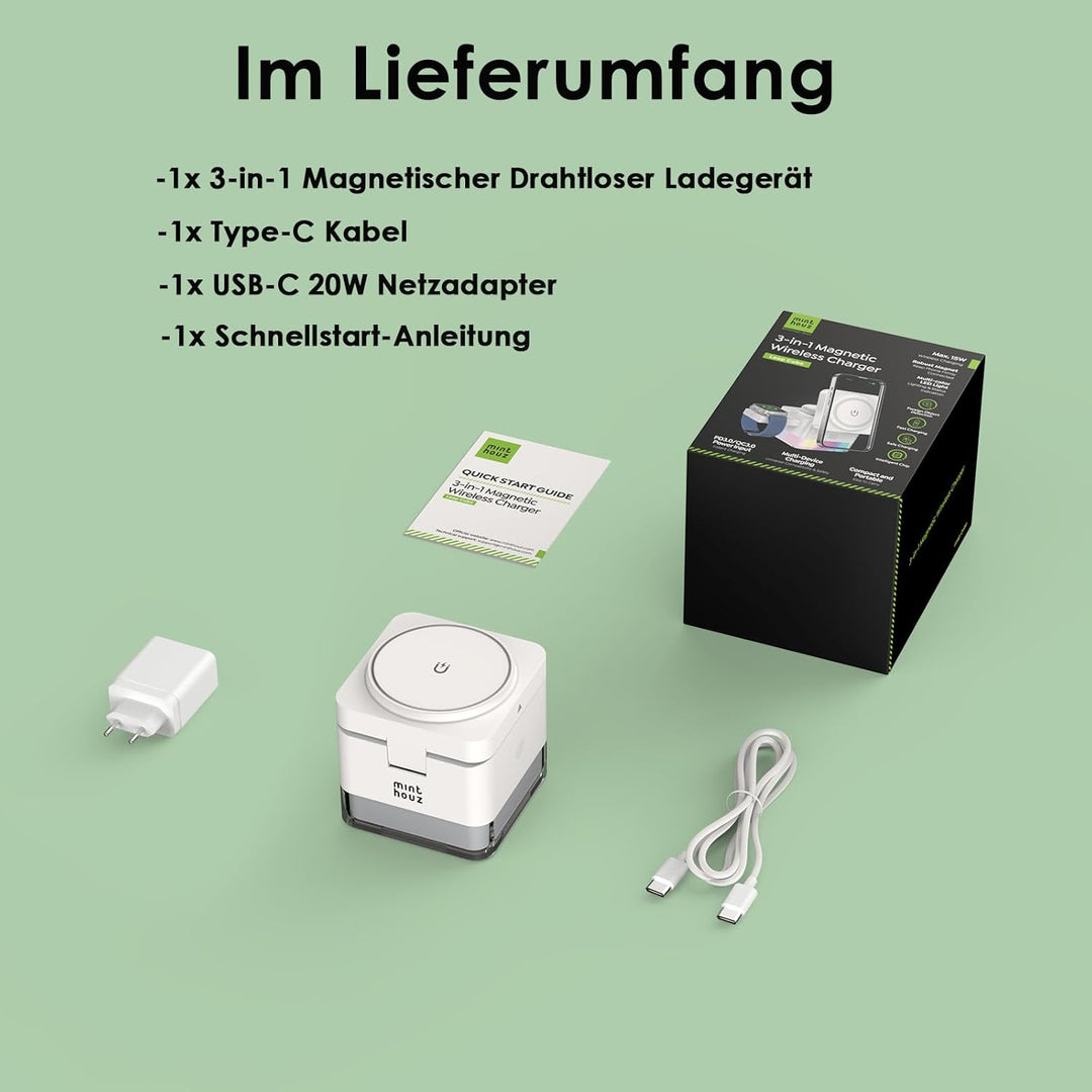 Minthouz Kabellose 3-in-1-Würfel-Ladestation,15W Schnelles Qi-zertifiziertes Drahtloses Ladehalter m