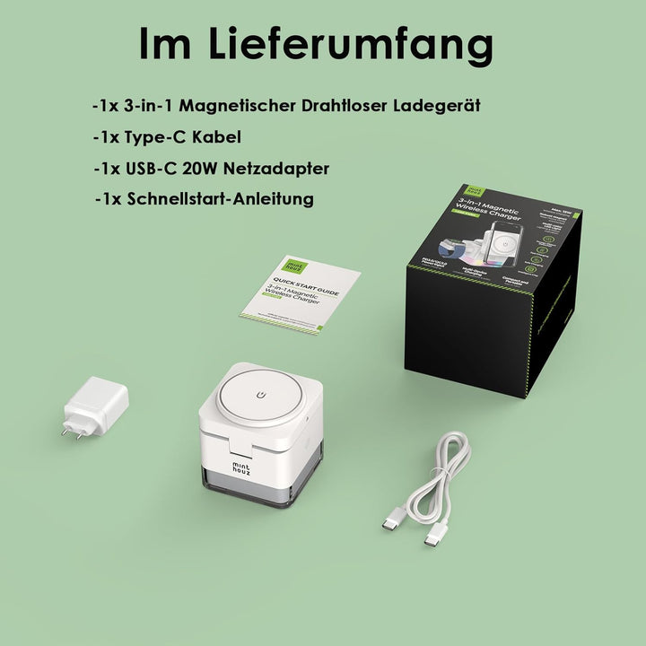 Minthouz Kabellose 3-in-1-Würfel-Ladestation,15W Schnelles Qi-zertifiziertes Drahtloses Ladehalter m