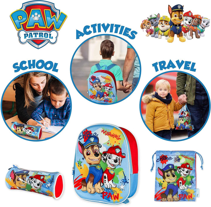 Paw Patrol Kindergartenrucksack Jungen 3D, Turnbeutel und Stiftebox Schulrucksack Jungen und Mädchen