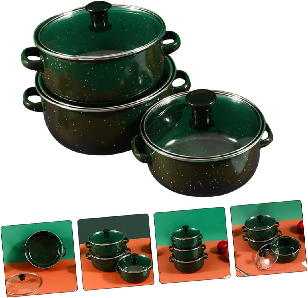 VICASKY 3 Stück Emaille Mini Kochtopf mit Deckel Vielseitiger Suppentopf Doppelgriff Ramen topf Flac
