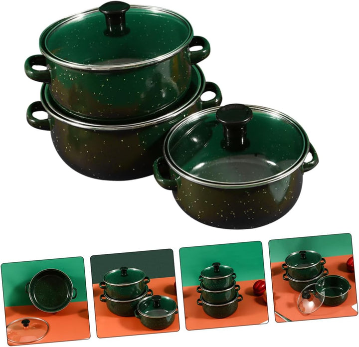 VICASKY 3 Stück Emaille Mini Kochtopf mit Deckel Vielseitiger Suppentopf Doppelgriff Ramen topf Flac
