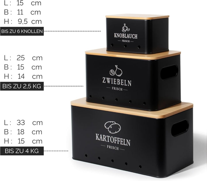 Kartoffel Aufbewahrungsbox 3er Set, 360° Luftzirkulation für längere Frische, Für Zwiebeln, Kartoffe