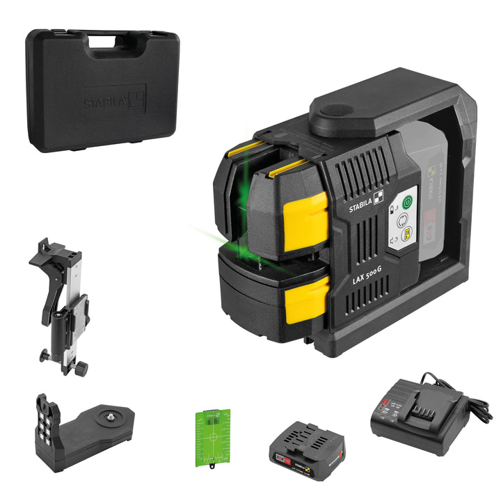 STABILA 12-V-System Kreuzlinienlaser grün LAX 500 G, selbstnivellierend, mit Lotpunkten, max. Reichw