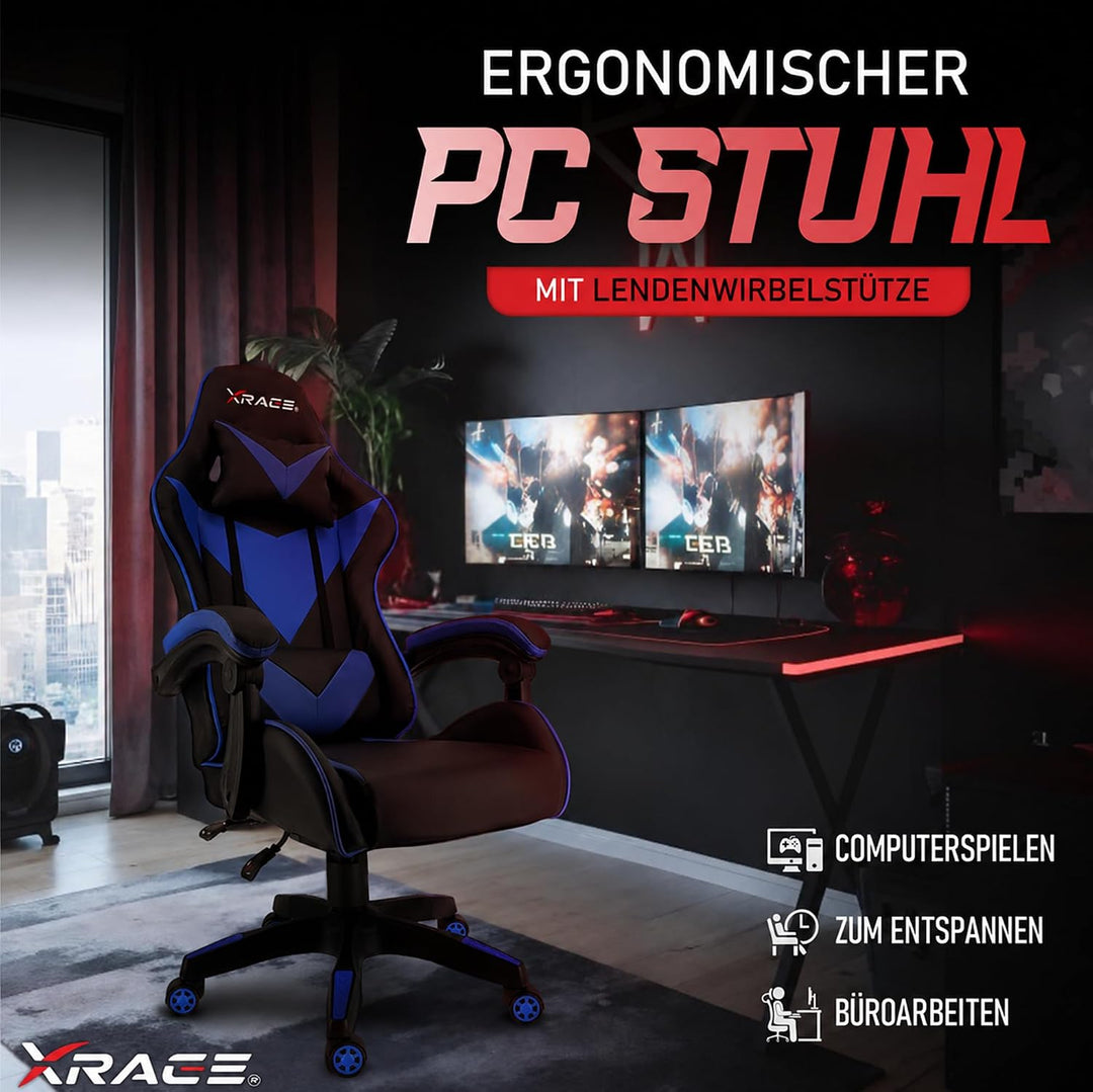 xRace Gaming Stuhl, ergonomischer Bürostuhl, PU-Leder, Lendenstütze Blau | Ergonomischer PC Stuhl mi