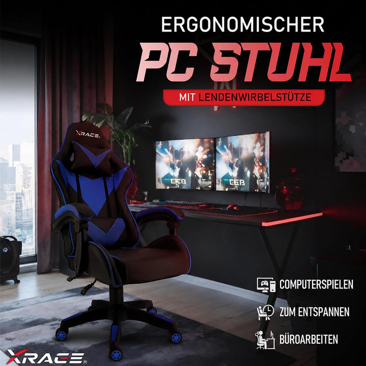 xRace Gaming Stuhl, ergonomischer Bürostuhl, PU-Leder, Lendenstütze Blau | Ergonomischer PC Stuhl mi