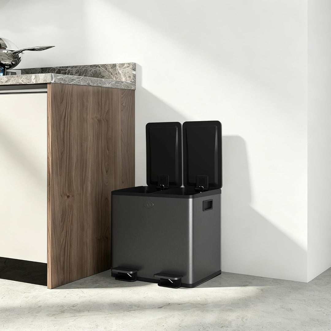 HOMCOM Mülleimer 2 x 15L Abfalleimer aus Edelstahl Mülltrennsystem mit Softclose Deckel, Herausnehmb