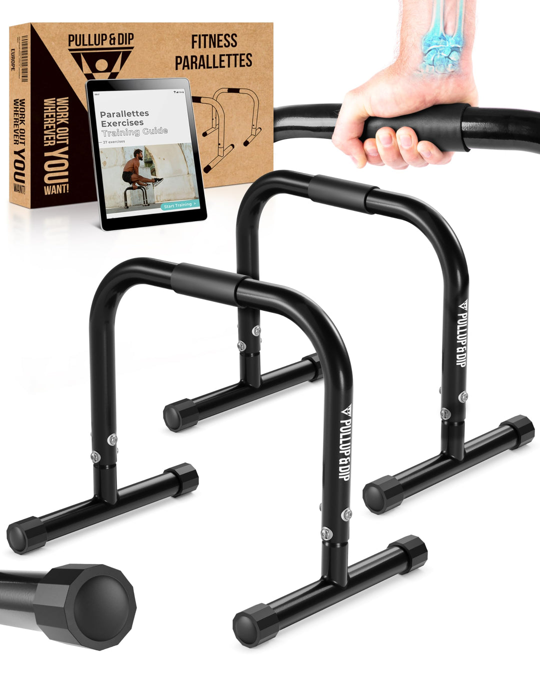 PULLUP & DIP Fitness Parallettes, Medium Minibarren aus Stahl, Handstand Barren mit extra breitem Gr