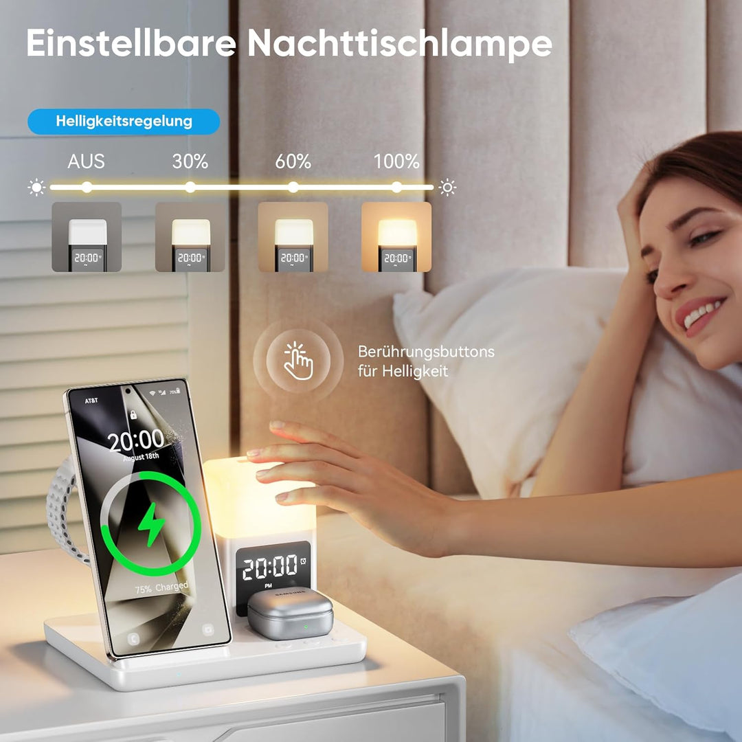 6 in1 Upgradierter Induktive Ladestation für Samsung mit Wecker & 3-Farben-Licht | Wireless Charger