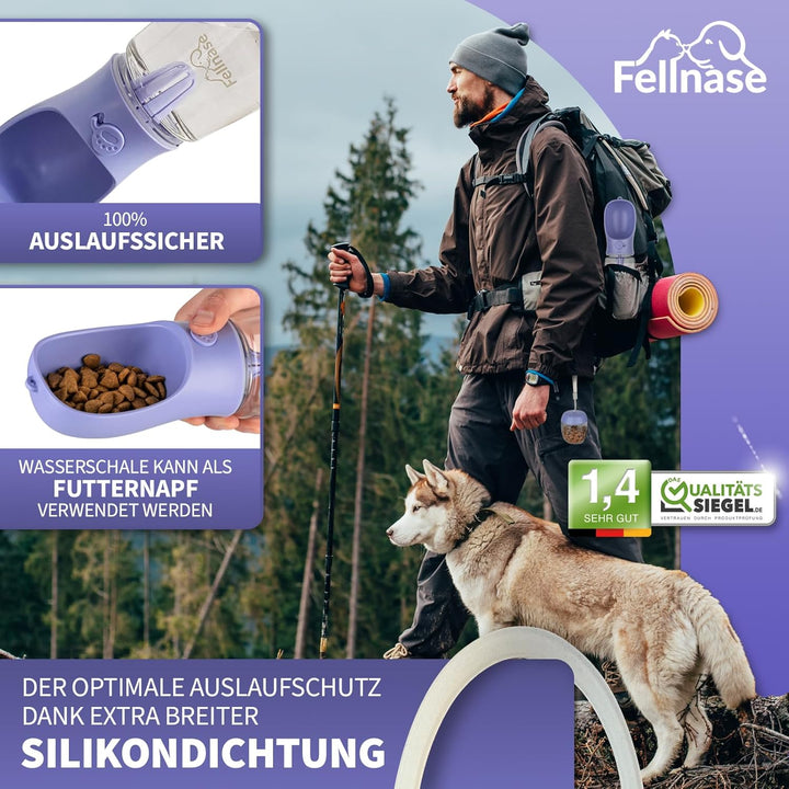 Hunde Trinkflasche für unterwegs - Mit Standfuss gegen Verschütten u. Futterspender I 550 ml Wasserf