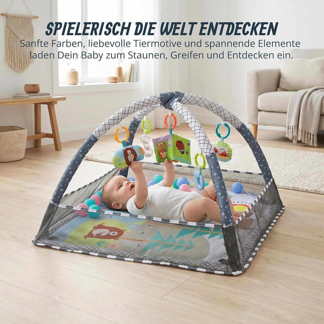 Relaxdays Spielbogen, mit Spielzeug, faltbar, HxBxT: 55 x 80 x 80 cm, Stoff & Schaumstoff, Baby Gym,