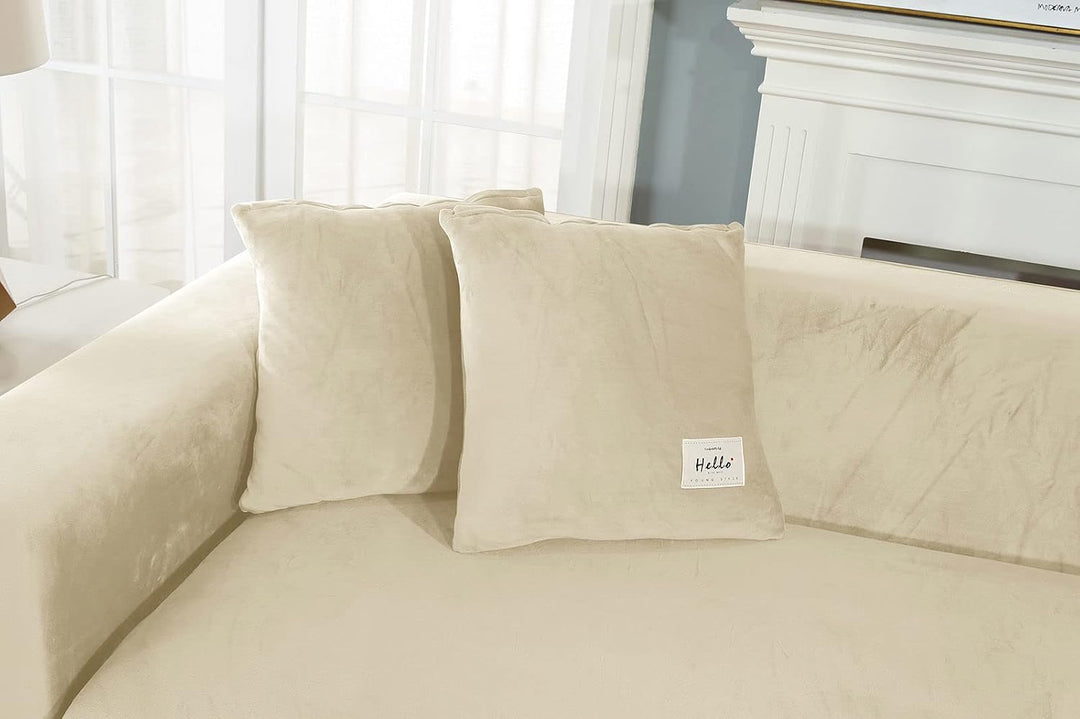 Stretch Samt Sofabezug L Form-Beige-3 Sitzer+4 Sitzer | Weich Bequem Anti-rutsch überzug ecksofa Was