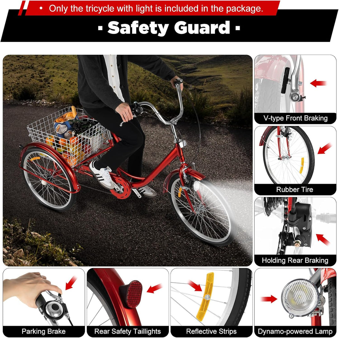 KOLHGNSE Dreirad für Erwachsene, 24 Zoll Dreirad 6-Gang 3-Rad Fahrrad Erwachsene Dreirad Cruise Trik