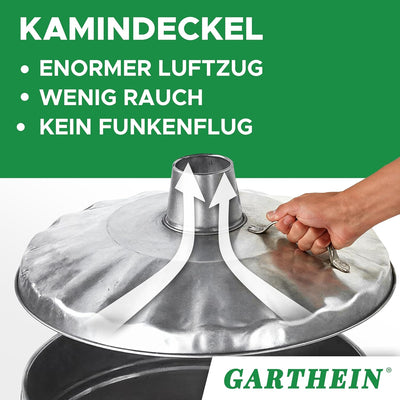 GARTHEIN - 90 Liter Grosse Feuertonne für den Gartenabfall mit Deckel in Silber, Metallfass verzinkt