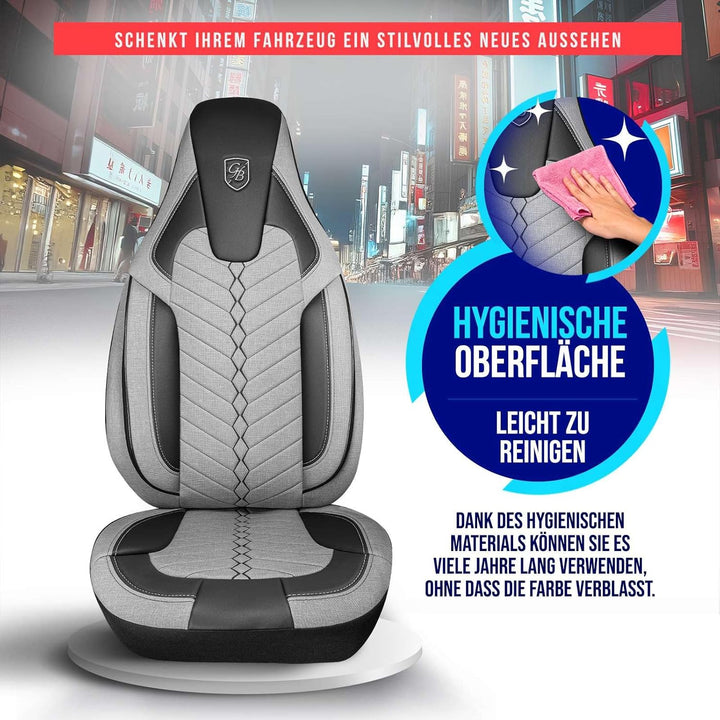Autositzbezüge Universal für PKW & SUV – Premium Vordersitze Auto Sitzbezug aus Leinen, Grau-Schwarz