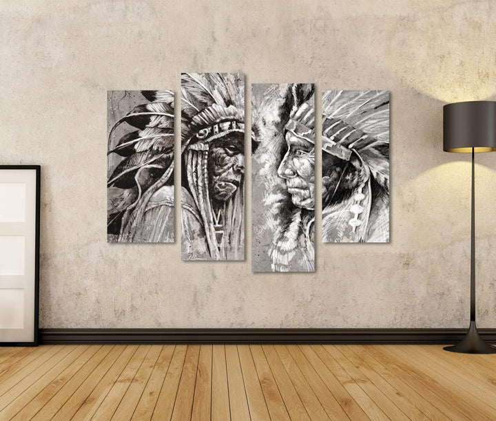 islandburner Bild auf Leinwand Native American Indian Köpfe Retro Stil Schwarz-Weiss Bilder Wandbild