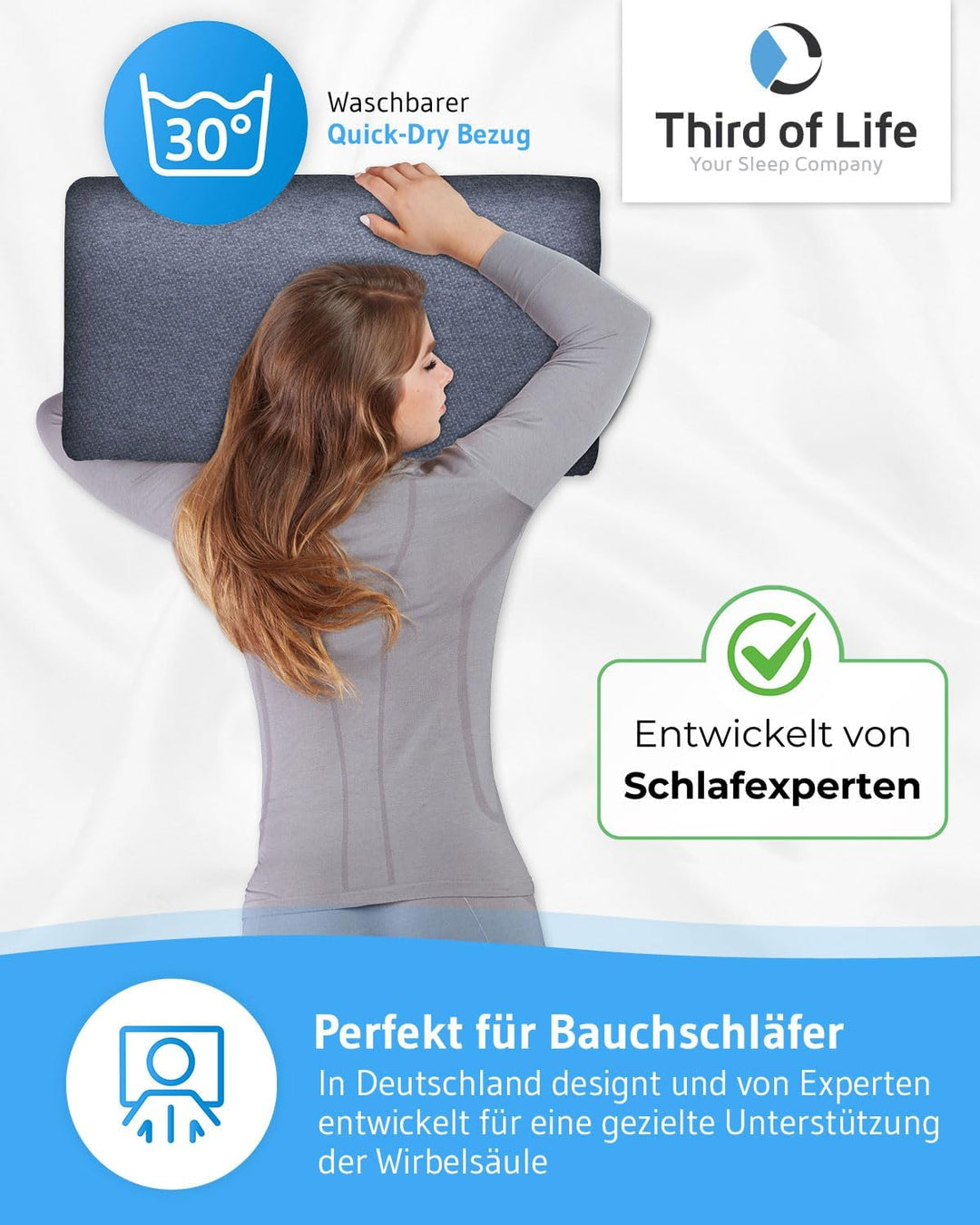 Bauchschläferkissen 40x60 MIZAR Quickdry, Flaches Kopfkissen für Bauchschläfer - 7 cm, Zertifizierte