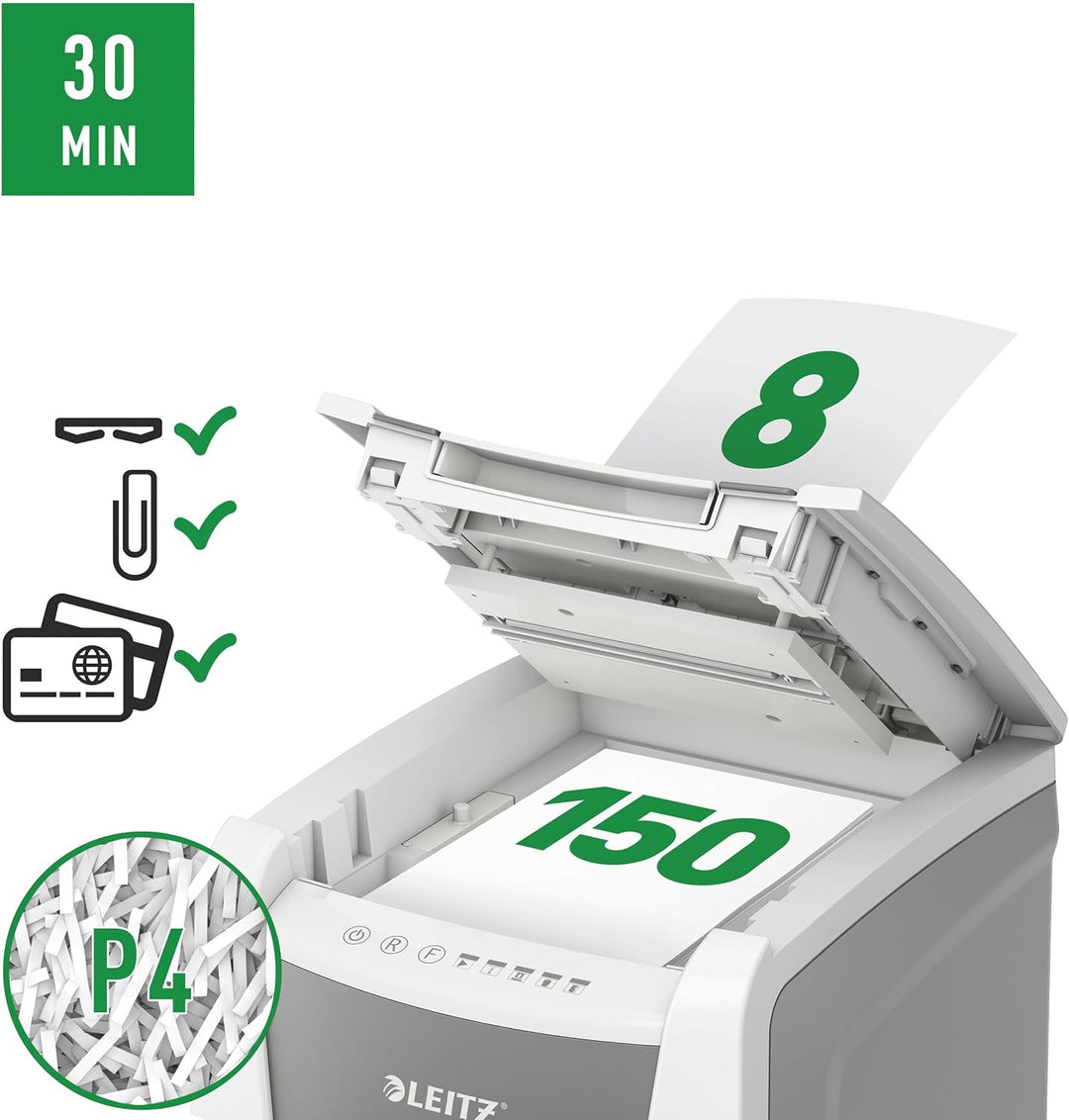 Leitz IQ Autofeed Office Partikelschnitt Aktenvernichter P4, 150 Blatt, 44l-Abfallbehälter, Weiss, 8