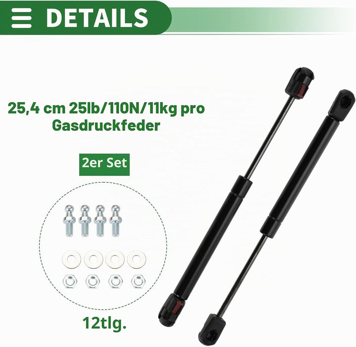 Motoforti Universal Gasdruckfeder 110N Für Wohnmobil Bett Boot Tür | Schwarz, Kohlenstoffstahl, Ausf
