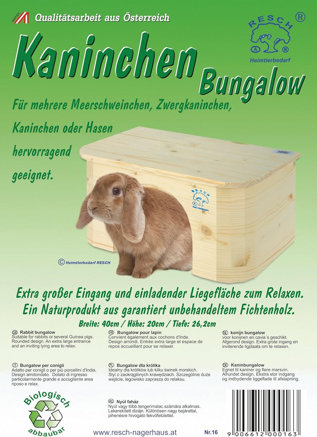 Resch Nr16 Kaninchen Bungalow naturbelassenes Massivholz aus Fichte/Abgerundetes Design/mit extra gr