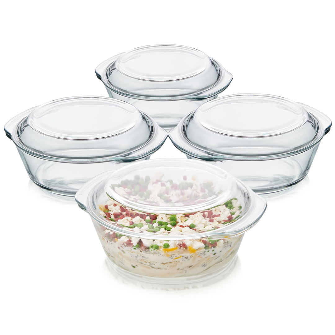 KHG Auflaufformen aus Glas mit Deckel 4er Set 2 Liter Rund für kalte &amp; warme Speisen, spülmaschinenf