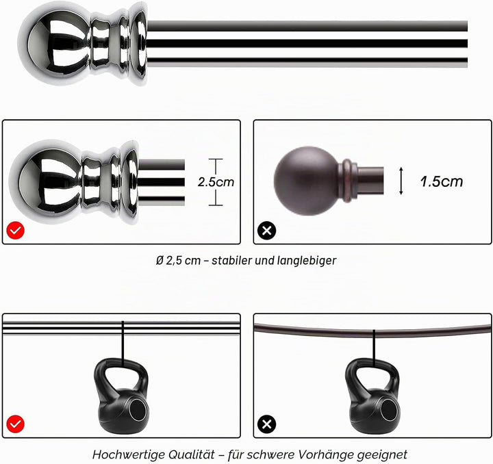 HARRMS Gardinenstange Ausziehbar, 76-221cm, Gardienenstangenset Silber 1 läufig, Verstellbare Vorhan