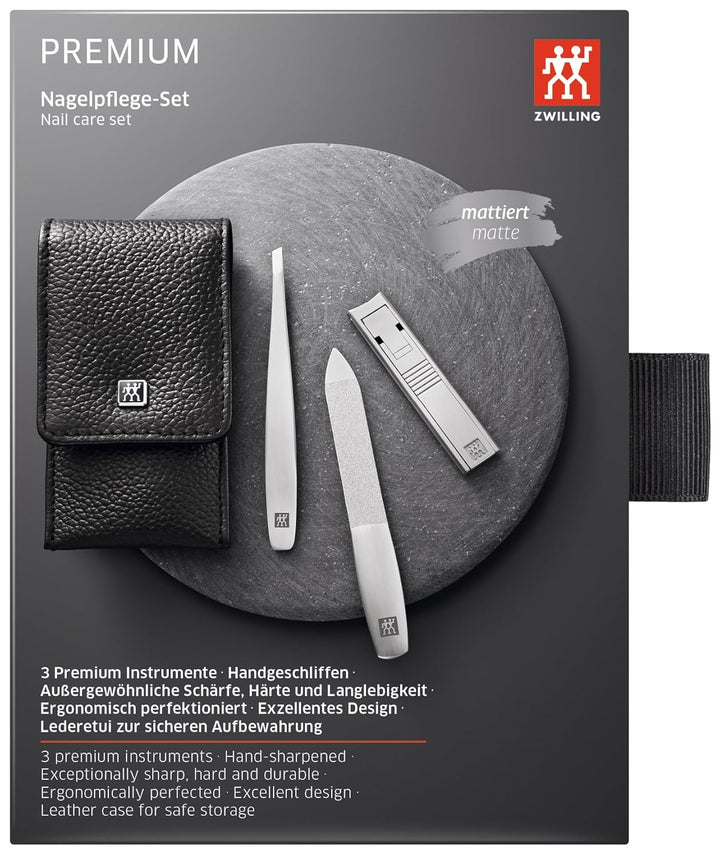 ZWILLING Maniküre Pediküre Set 3-teilig aus 100% Rindleder mit Druckknopfverschluss, Premium, Schwar