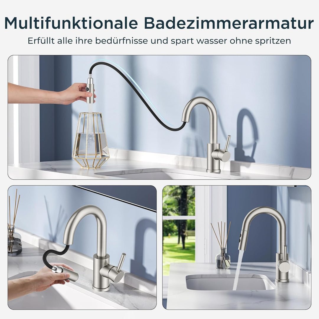 FORIOUS Wasserhahn Bad mit Ausziehbarer Brause, Edelstahl Waschtischarmatur Hoch mit 2 Strahlarten,