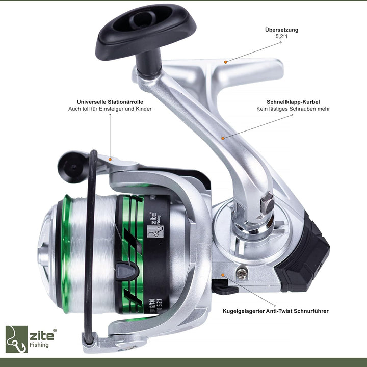 Zite Fishing Forellen Angelset | Teleskoprute 240cm + Angelrolle Bespult mit Ersatzspule + Vorfach-H