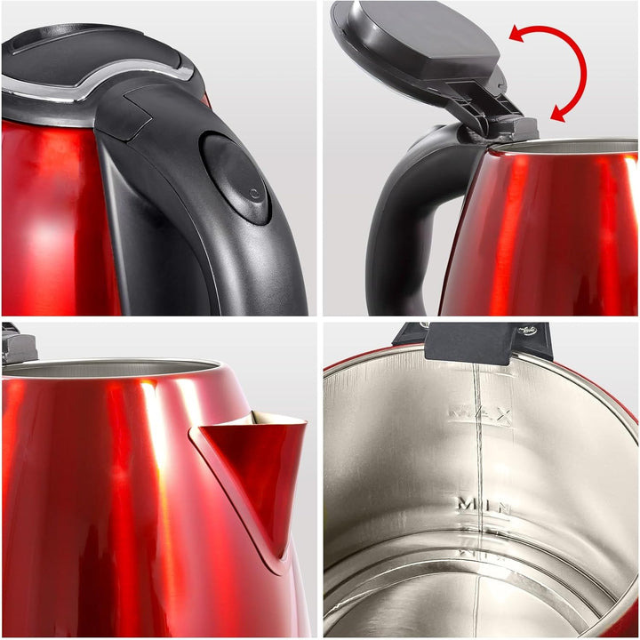 Edelstahl-Wasserkocher XD14 elektrisch – 1,2 Liter, 1.500 W – mit Abschaltautomatik (Rot), Rot