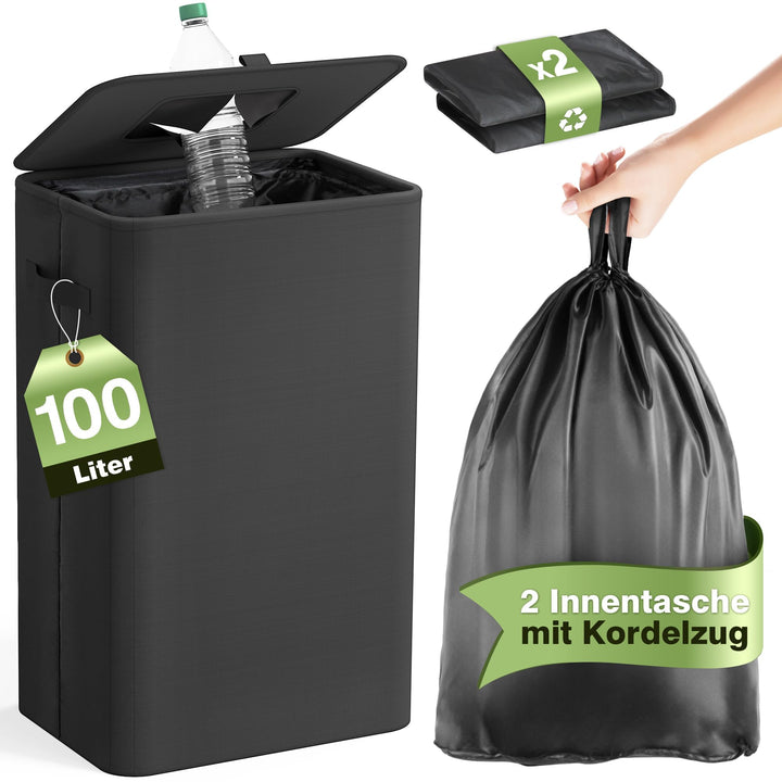 Pfandflaschen Sammelbehälter mit Deckel 100L, Gross Pfandflaschen Behälter mit 2 Tragetasche, Flasch