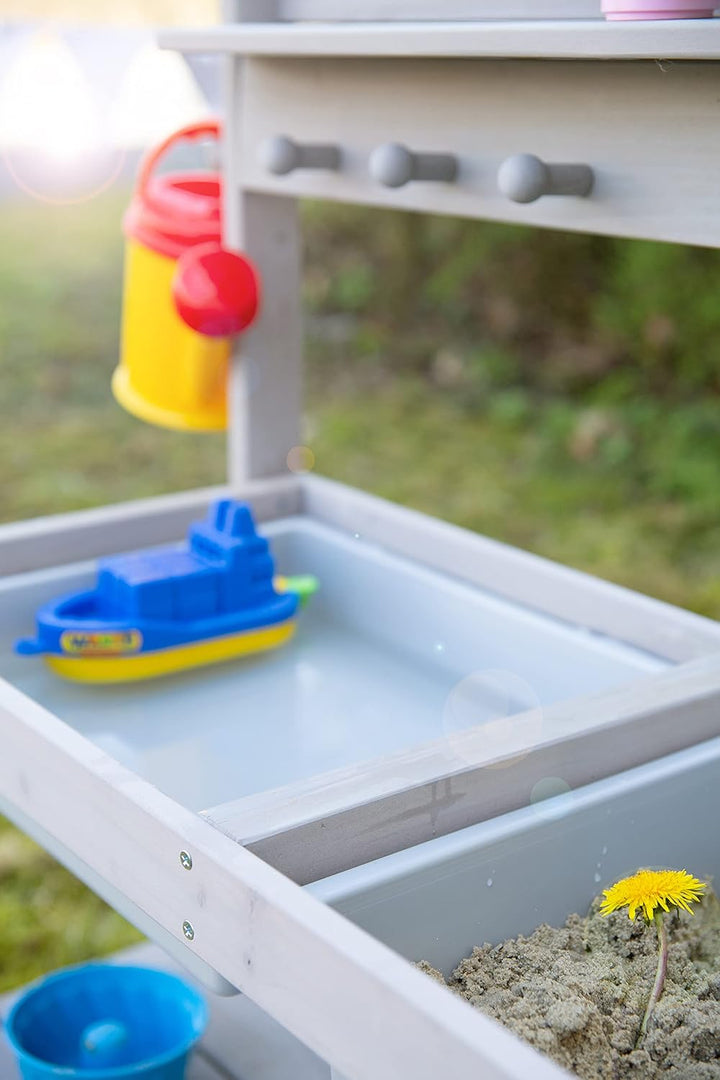 roba Kinder Outdoor Gartenküche Fun - Holz Matschküche mit abnehmbarer Abdeckung - 2 Kunststoff-Wann