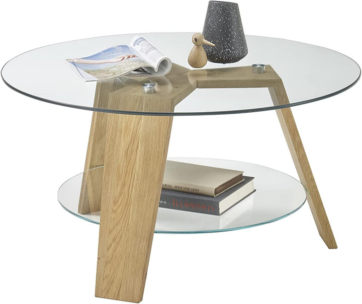 Robas Lund Couchtisch Wohnzimmertisch Glastisch mit Eiche Massiv Gestell, BxHxT 75x40x75 cm