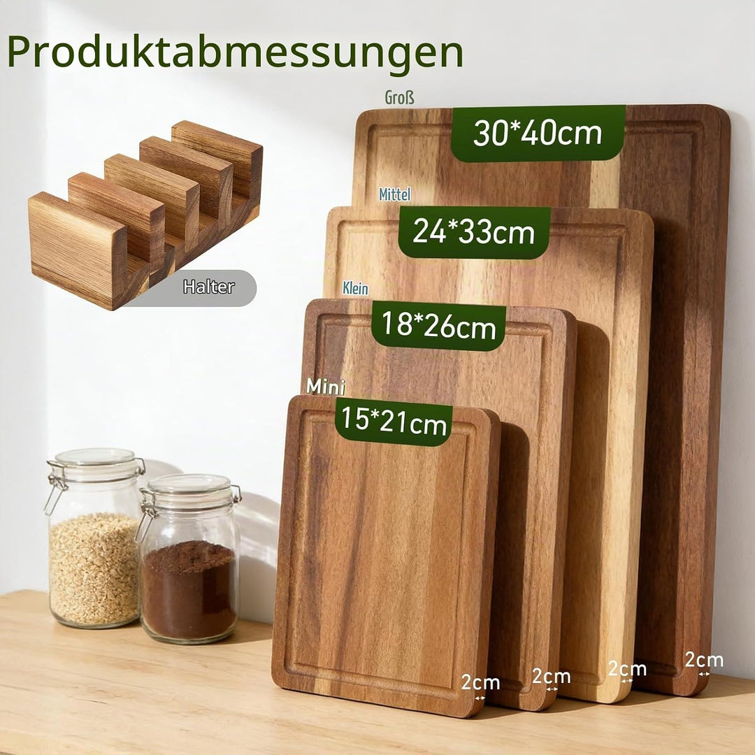 Schneidebrett Holz 4er Set aus massiver Akazie – Holzschneidebrett gross 40x30 cm / 33x24 / 26x18/21