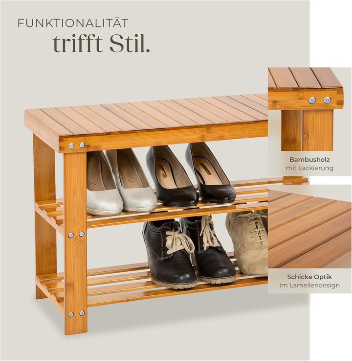 tectake Schuhregal aus Bambus Holz - Diverse Modelle - (70x28x45.5cm mit Sitzfläche | Nr. 401650) 70
