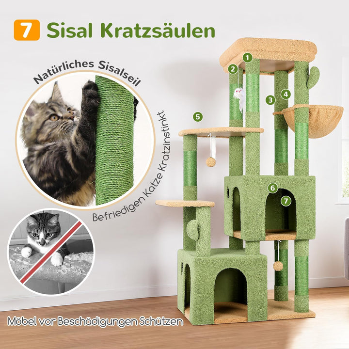 Globlazer Kratzbaum Grün Kaktus für 3-5 Grosse Katzen 156 cm mit 2 Extragross Katzenhaus 45 * 40 * 3