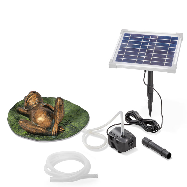 Esotec Solar Wasserspeier Komplettset, Frosch auf Seerosenblatt, Gartenteich Wasserspiel, Vogeltränk