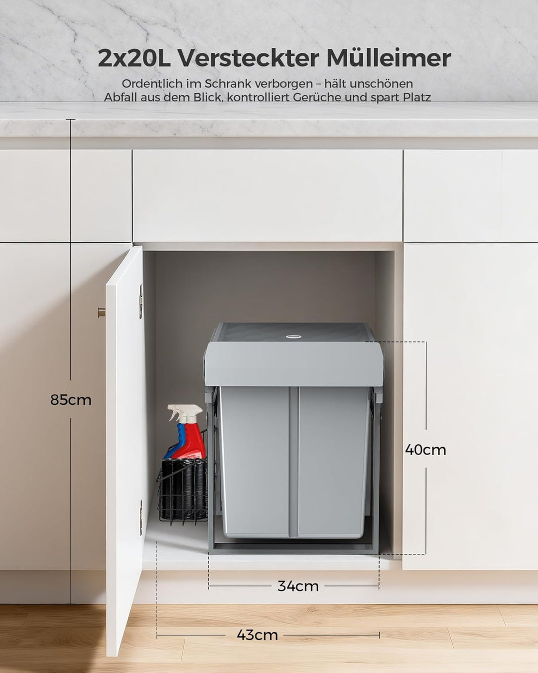 lovewind Abfallsammler Tandem, 2×20L, Mülleimer küche, Mülltrennsystem für Unterschrank，Stahlrahmen,