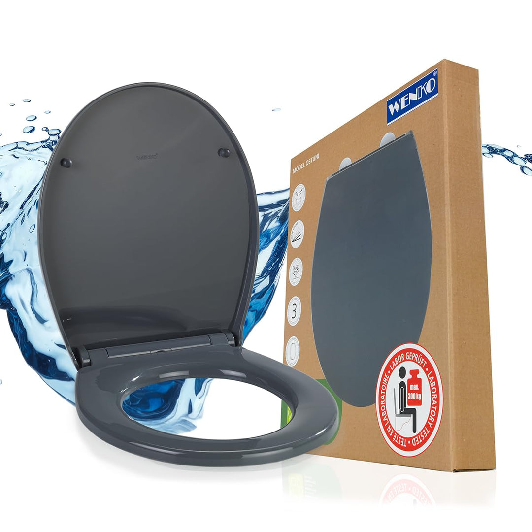 WENKO WC-Sitz Mod. Ostuni grauer bruchstabiler Thermoplast mit Easy Close Absenkautomatik und Edelst