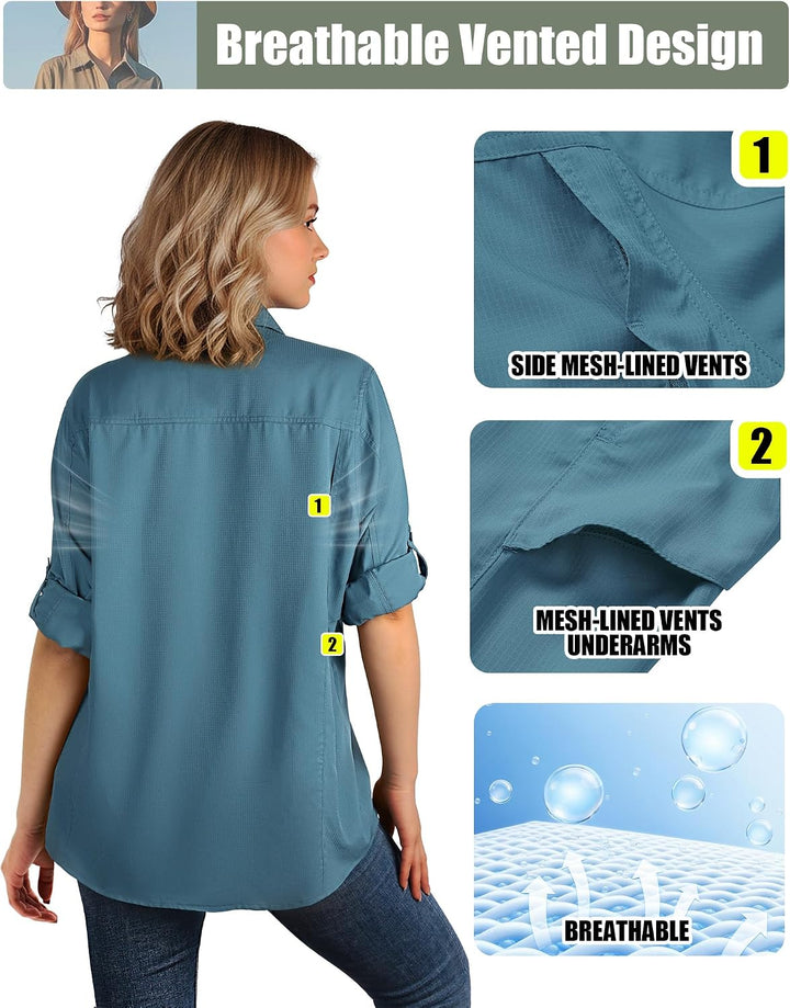 33,000ft Hemdbluse Damen UPF50 UV Schutz Hemd Schnelltrocknende Button-Down Shirts Atmungsaktive Wan