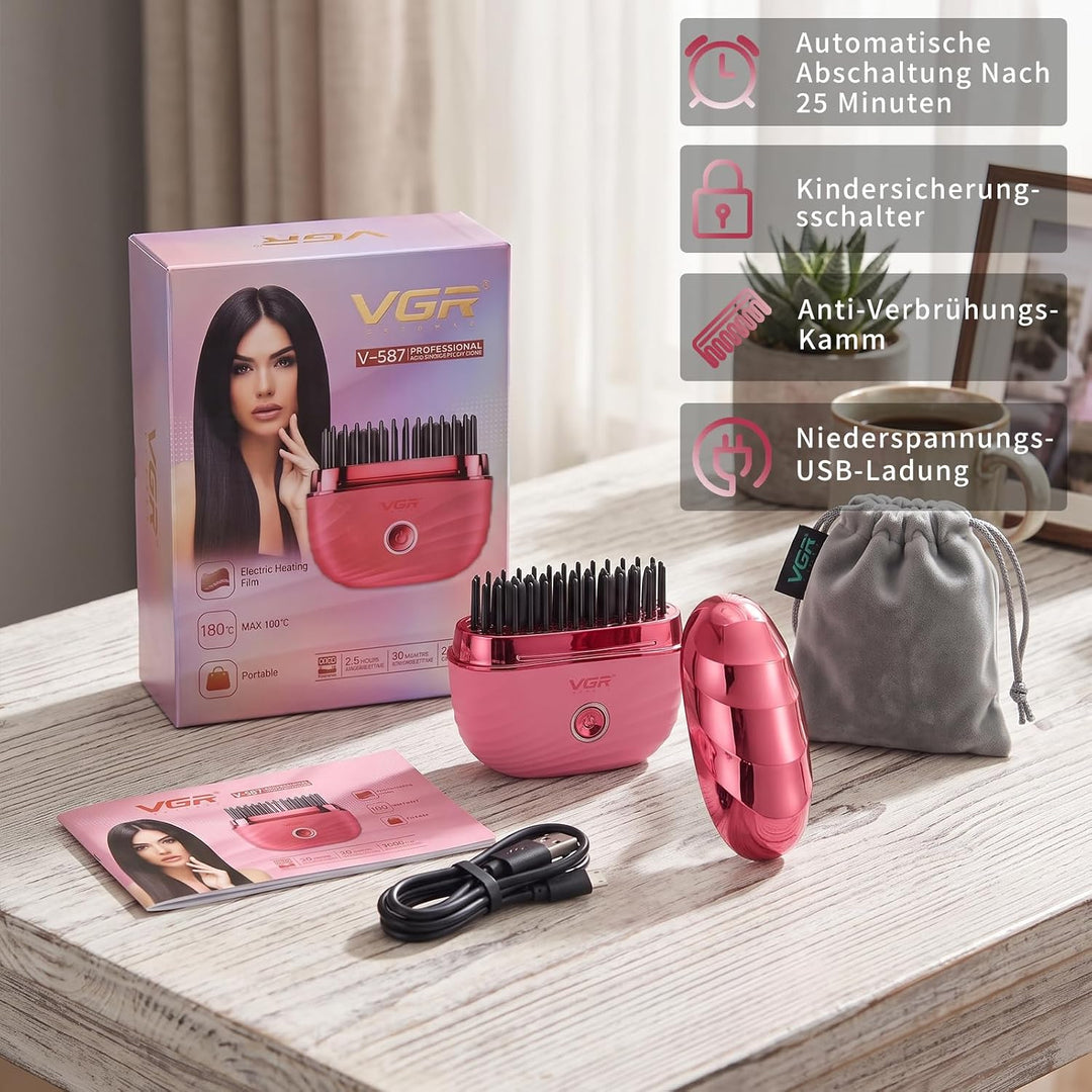 VGR 587 Kabellose Glättbürste Mini Mit 180°C Und 2 Stufen Reiseetui Rosa | Elektrische Haarbürste Mi
