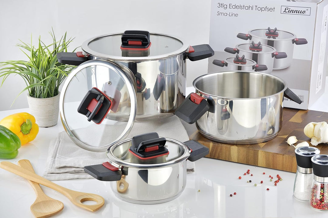 Linnuo Sma-Line 3tlg Topfset Induktion Kochtopf Set Edelstahl Töpfe mit Glasdeckel mit klappbaren Ku