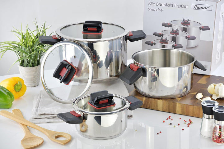 Linnuo Sma-Line 3tlg Topfset Induktion Kochtopf Set Edelstahl Töpfe mit Glasdeckel mit klappbaren Ku