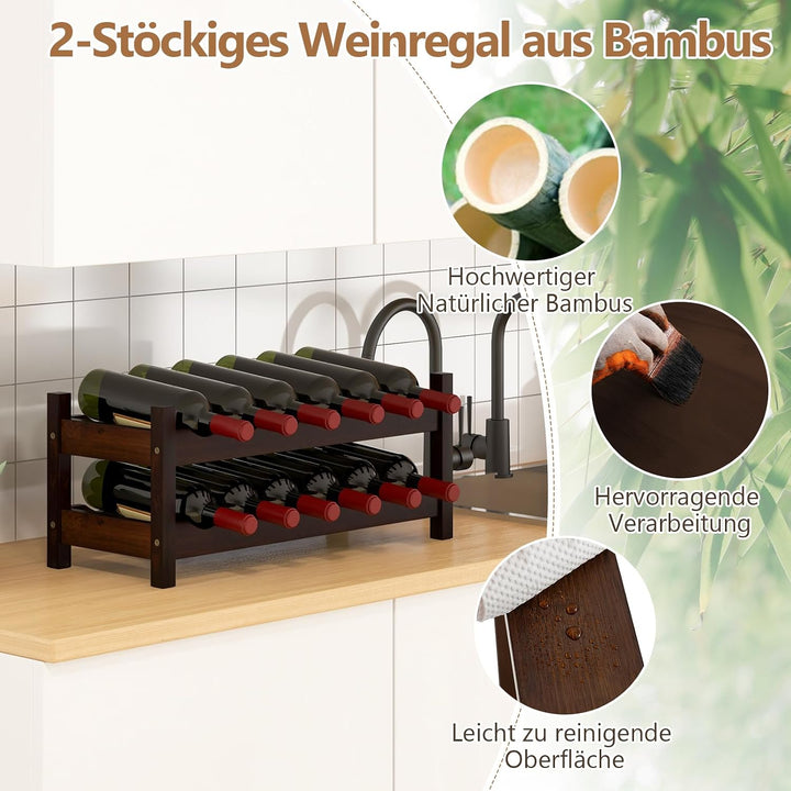 COSTWAY Weinregal Bambus für 12 Flaschen, Flaschenregal mit 2 Etagen, Flaschenhalter für Keller, Küc