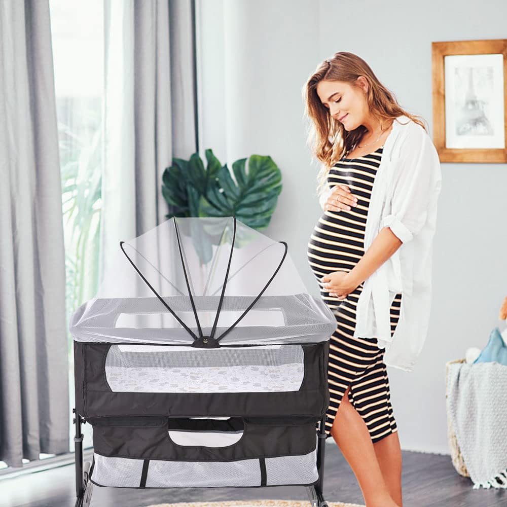 homewell 3 in 1 Babybett Beistellbett, Wiege mit Moskitonetz und Aufbewahrungskorb, Faltbares, Neigu