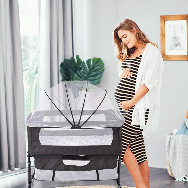homewell 3 in 1 Babybett Beistellbett, Wiege mit Moskitonetz und Aufbewahrungskorb, Faltbares, Neigu